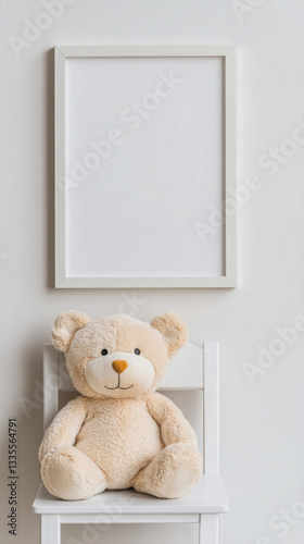 Cozy nursery decor with plush toy and blank wall art for customization