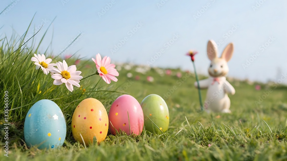 Pastel Easter Eggs Nestled In Vibrant Wildflowers, A Whimsical Bunny Watches Nearby In A Sun-drenched Meadow Pastel Easter Eggs Nestled In Vibrant Wildflowers, A Whimsical Bunny Watches Nearby In A Sun-drenched Meadow