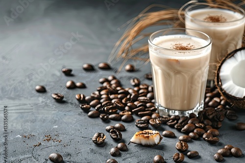 Vegan Coconut Milk Coffee and Coffee Beans in Two Glasses on Dark Concrete Background