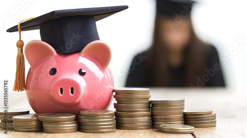 Piggy bank with graduation cap and coins.