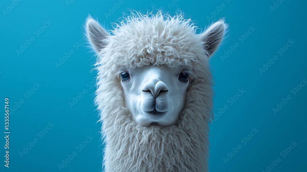 Obraz premium fluffy white alpaca with thick wool and gentle eyes staring directly at the camera against a vibrant blue background perfect for farm animal lovers livestock photography and nature enthusiasts