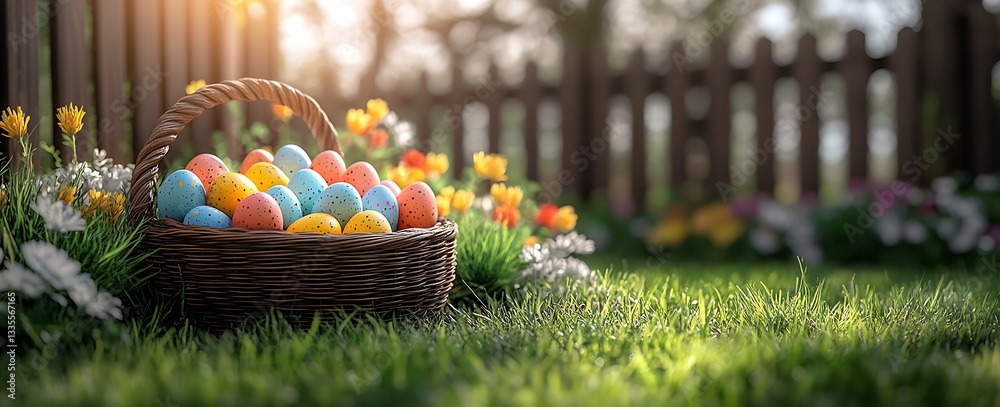 Fototapeta premium A beautifully arranged basket overflowing with pastel colored Easter eggs and surrounded by vibrant flowers in a garden : Generative AI
