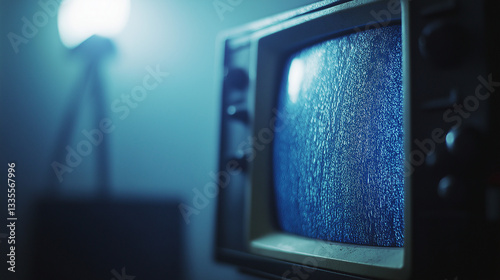 Vintage TV displaying static in dimly lit environment  