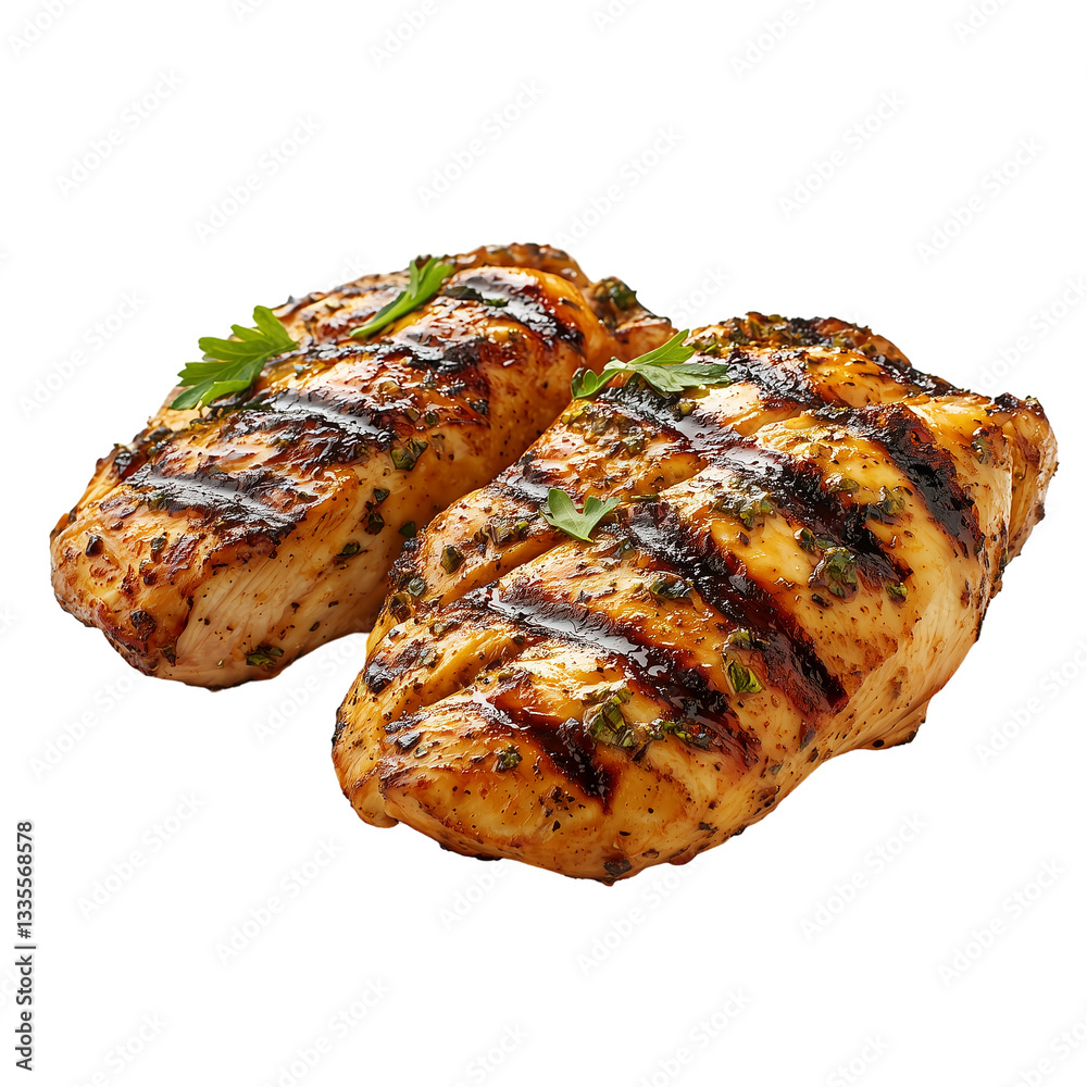 Grilled chicken breast fillets with herb seasoning isolated on transparent background png Grilled chicken breast fillets with herb seasoning isolated on transparent background png