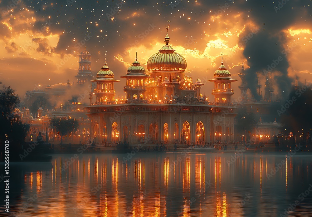 Fototapeta premium Majestic Illuminated Palace by Tranquil Lake at Sunset with Enchanting Glow