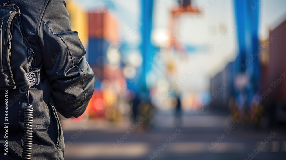 Naklejka premium Customs officer inspecting goods at border checkpoint, symbolizing international trade, tariffs, and global commerce logistics. Focus on security and regulation in cross-border shipping. 