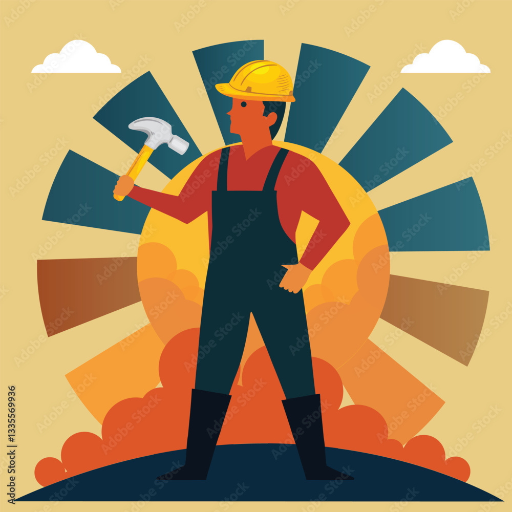 Fototapeta premium A worker holding a hammer or shovel, with the rising sun in the background, symbolizing hard work and new hope