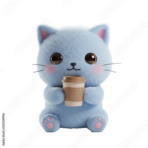 3D cute cat enjoying coffee while relaxing, isolated on white background 
