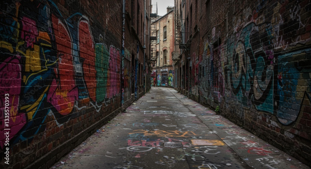 Fototapeta premium Urban Alleyway Graffiti Art Vivid Colors on Brick Walls Grungy Cityscape