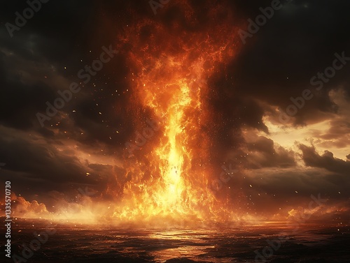 A large pillar of fire dominates a dramatic cloudy landscape