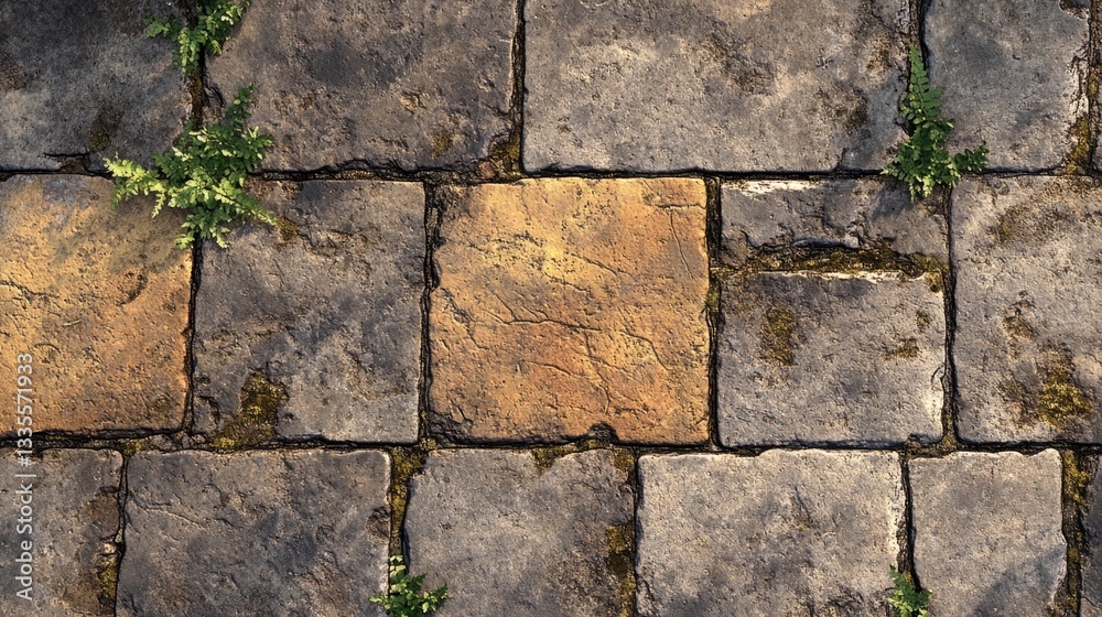 Fototapeta premium Weathered stone bricks with small green plants and moss