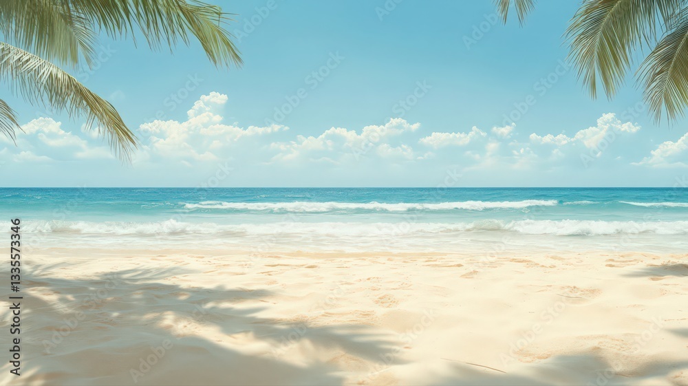 Tropical Beach Scene: Palm Tree Shadows on White Sand and Turquoise Ocean Tropical Beach Scene: Palm Tree Shadows on White Sand and Turquoise Ocean