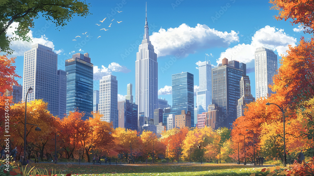 Obraz premium 秋の都会風景～紅葉と高層ビルが彩る爽やかな空～ 