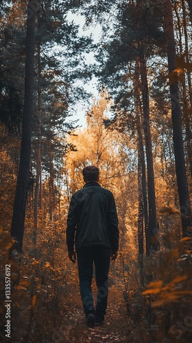 A person walks through a forest filled with autumn foliage