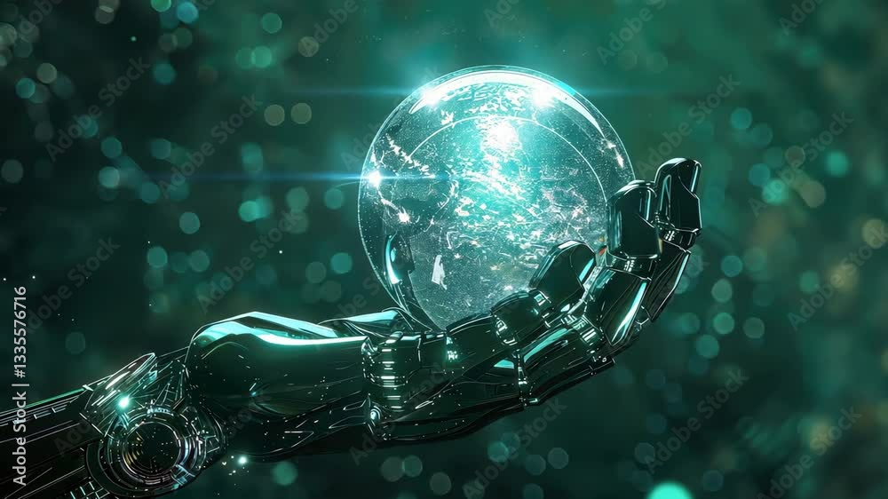 Robotic Hand Gently Holds Glowing, Transparent Globe, Symbolizing Futuristic Technology and Global Connectivity with Bokeh Lights Enhancing Sci Fi Atmosphere Robotic Hand Gently Holds Glowing, Transparent Globe, Symbolizing Futuristic Technology and Global Connectivity with Bokeh Lights Enhancing Sci Fi Atmosphere