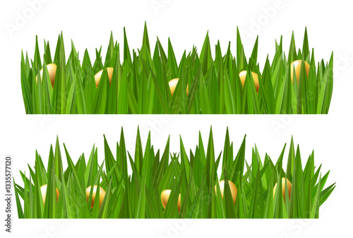 Easter egg hunt in spring grass field vector background. Gold colored chocolate candy gathered to basket. 3d render banner for poduim border. Meadow cartoon bright decoration card, cute bunny gifts