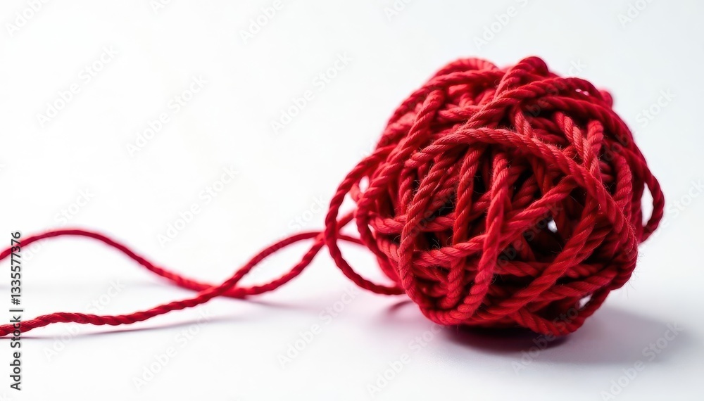 A dense ball of intertwined crimson threads, stark white backdrop , white, knot A dense ball of intertwined crimson threads, stark white backdrop , white, knot