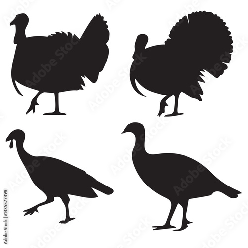 Turkey Silhouette Set on White Background Farm Animal Collection