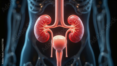 Photorealistic illustration of kidneys and bladder showing complete urinary tract