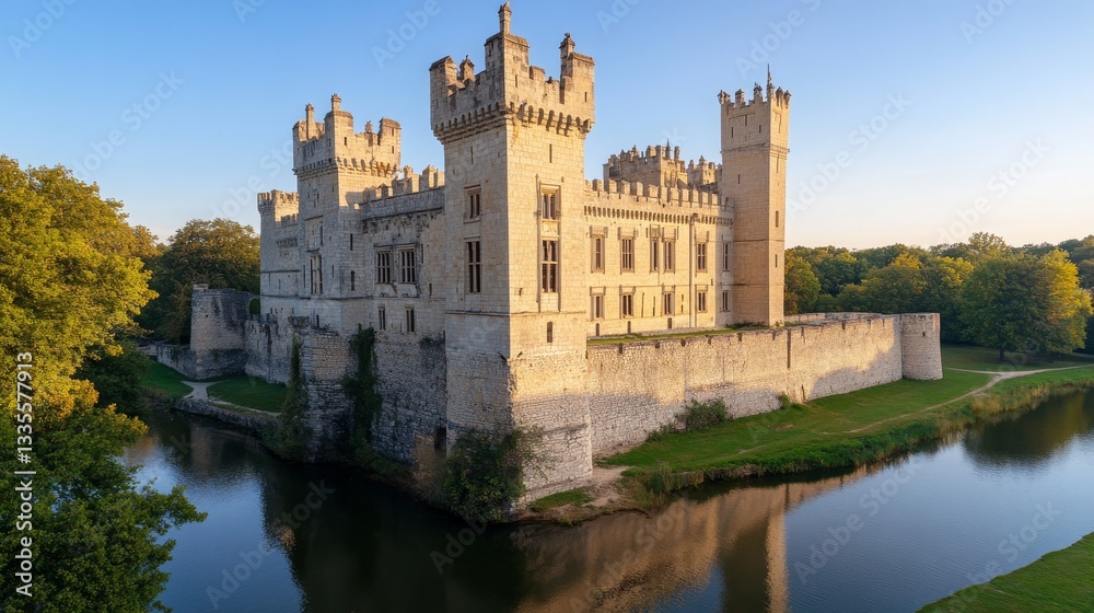 Majestic Medieval Castle at Sunset Reflected in Water Tranquil Scene Majestic Medieval Castle at Sunset Reflected in Water Tranquil Scene