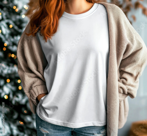 Oversized white t-shirt mockup worn by a woman in a cozy setting