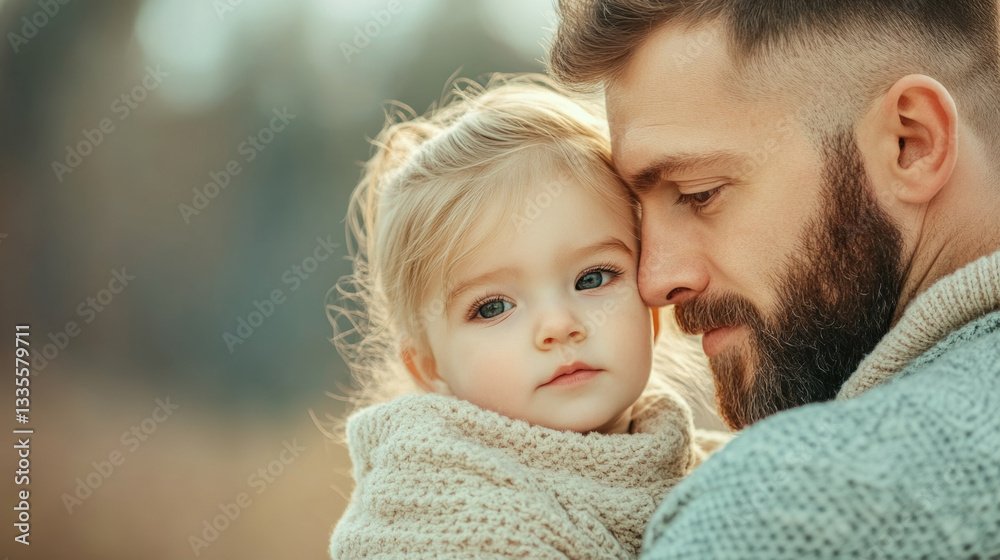 Handsome man with a short beard holds a beautiful girl in a cozy setting