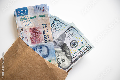 500 Mexican peso and 100 dollar bills peek out of a wooden paper envelope against a white background