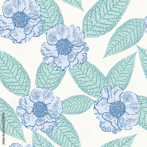 seamless blue green pattern with flowers and leaves