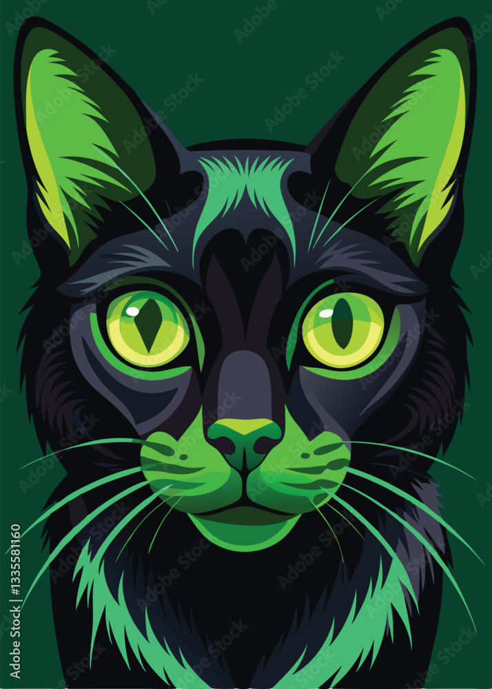 Fototapeta premium Portrait of a black cat with green eyes. Vector illustration.