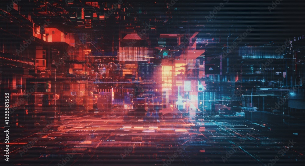 Fototapeta premium Abstract Cyberpunk Cityscape Red and Blue Digital Glitch Art Background