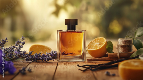 Bottle of women's perfume with citrus scent, orange, lavender and vanilla on wooden table in front of window on early sunny morning. 