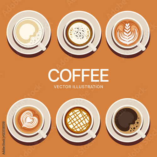 Vector illustration cup of hot coffee, food and drink concept, espresso, americano, latter art, coffee shop and cafe