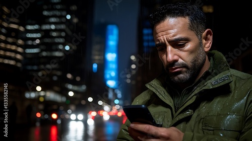 Man using phone at night in city rain.