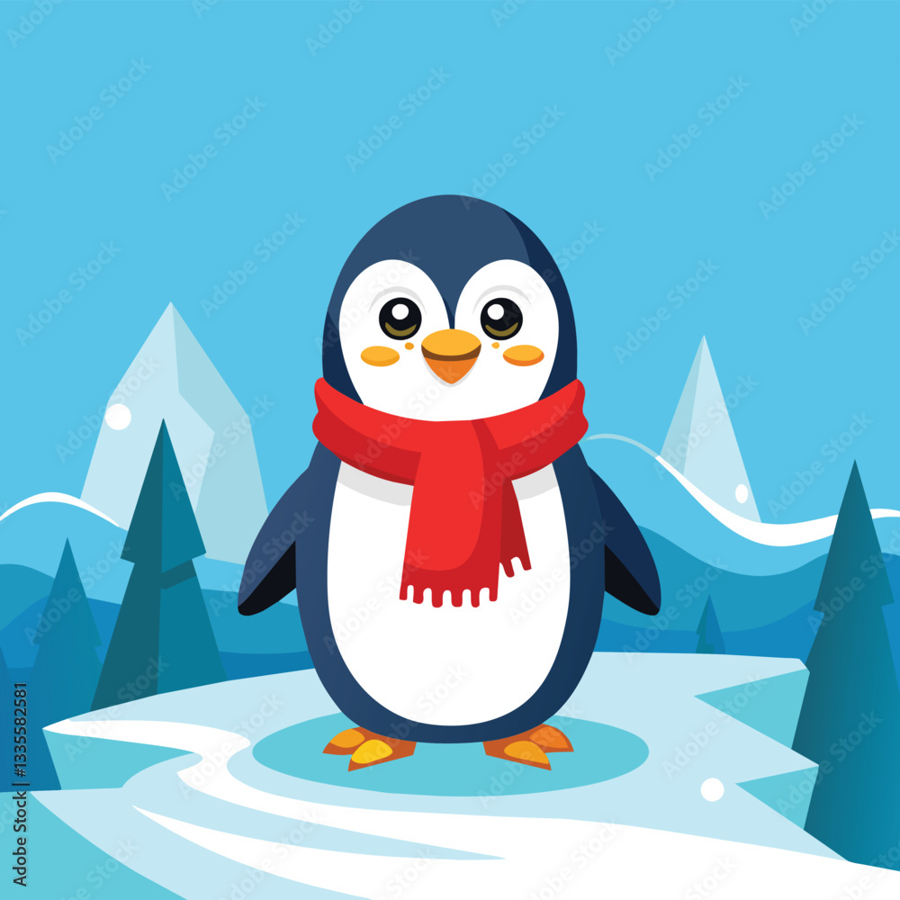 Obraz premium Cute penguin vector illustration in flat style. Cartoon penguin with red scarf on the background of snowy landscape.