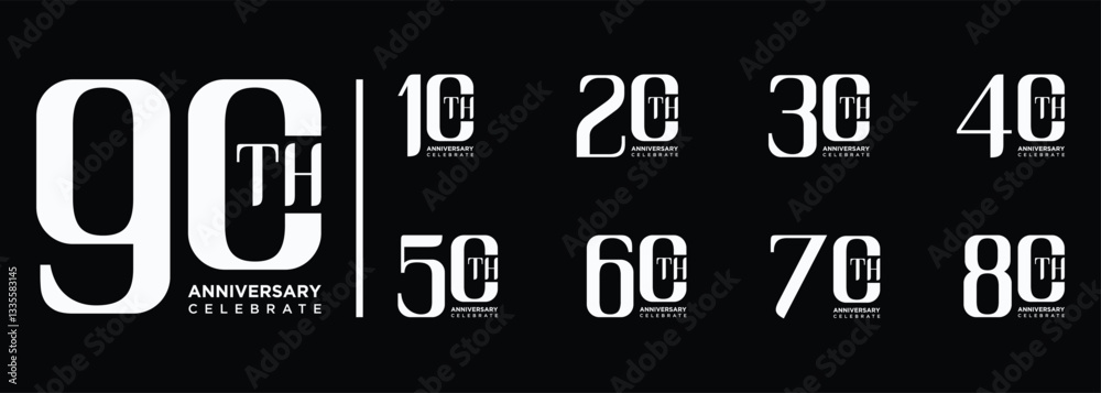 Collection of 10th to 90th anniversary logo designs, anniversary logos with white numbers on a black background for celebration events, congratulations, invitations, greetings Collection of 10th to 90th anniversary logo designs, anniversary logos with white numbers on a black background for celebration events, congratulations, invitations, greetings