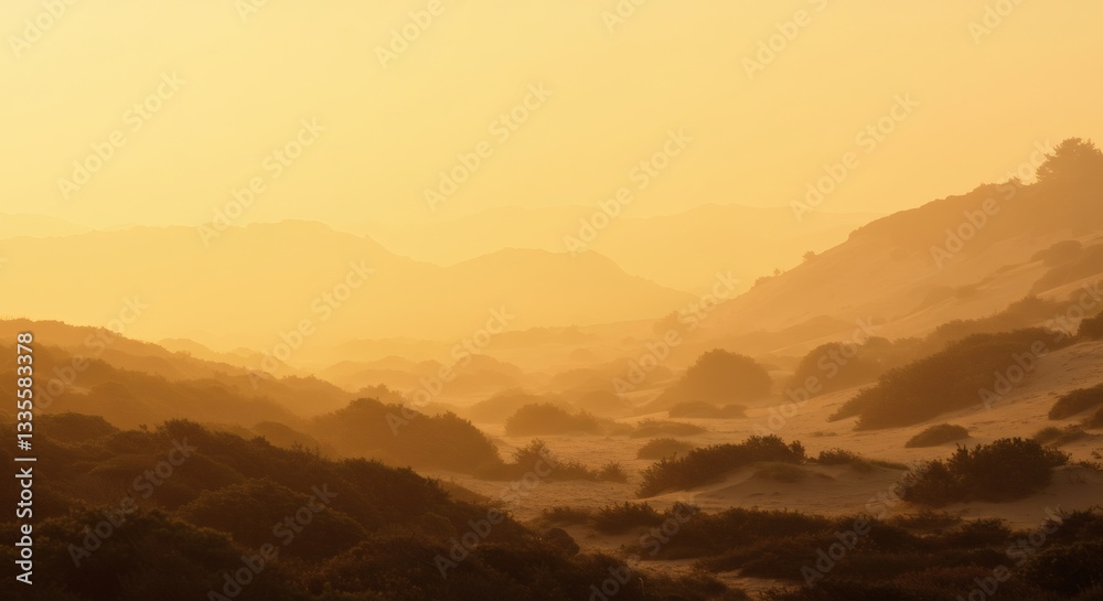 Fototapeta premium Golden Hour Landscape Rolling Hills Sand Dunes Sunset Haze