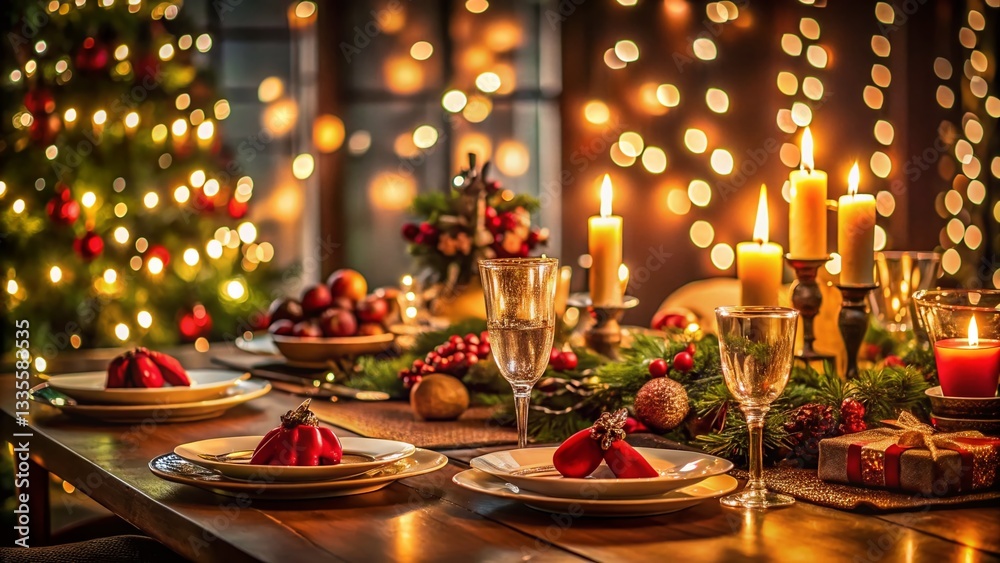 Warm Christmas Dinner Table, Low Light Gathering, Festive Family Meal Warm Christmas Dinner Table, Low Light Gathering, Festive Family Meal