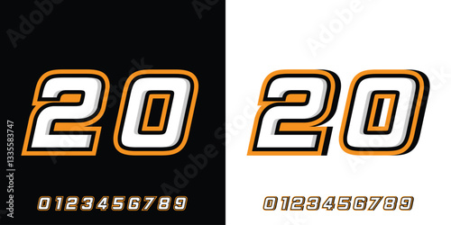racing number 20 black orange on white and black background, for racing, automotive, jersey