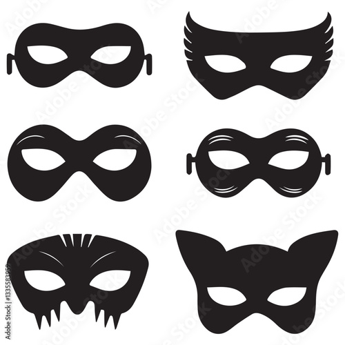 Black Mask Icon Collection Silhouettes on White Background
