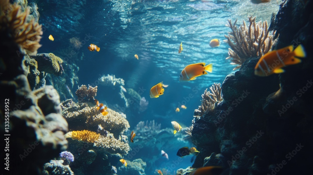 Fototapeta premium A close-up of a beautiful coral reef underwater, with schools of tropical fish swimming around, showcasing the rich diversity of marine life