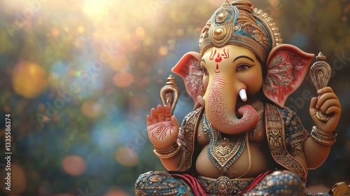 A colorful, lively 3D idol of Lord Ganesha, with intricate textures and a peaceful aura, depicted against a serene and harmonious background