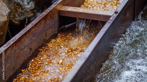 A detailed view of a sluice box being utilized in a river for gold panning, capturing the technique of separating gold from sediment