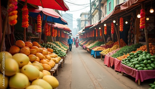 Ugadi Street Market Festival: Vibrant Fruits and Vegetables Under Neon Lights. A street market filled with lots of fruits and vegetables. photo