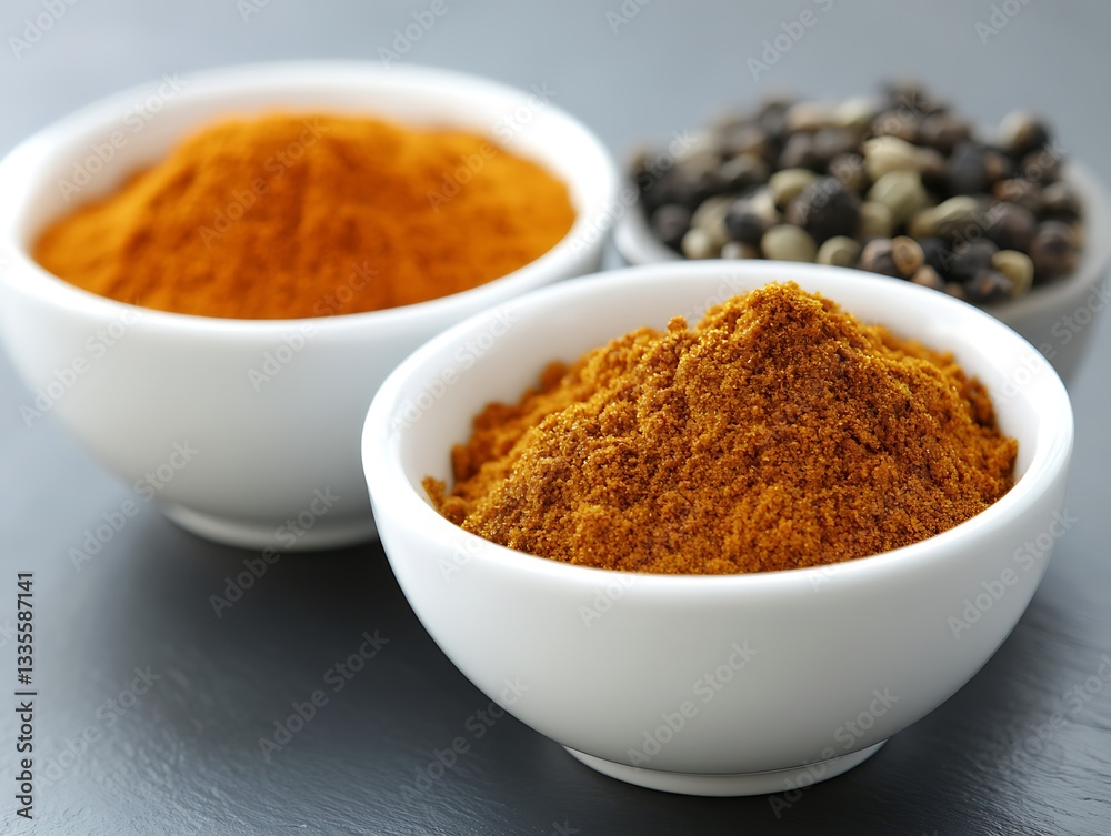 Turmeric, pepper powders in bowls Turmeric, pepper powders in bowls
