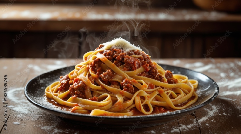 Fototapeta premium A steaming plate of tagliatelle al ragù, golden handmade pasta coated in a slow-cooked, rich meat sauce. The sauce clings to the strands, with a sprinkle of Parmesan melting into the dish. 