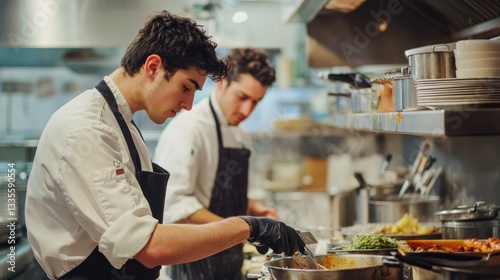 Two chefs skillfully prepare dishes in a professional kitchen setting atmosphere