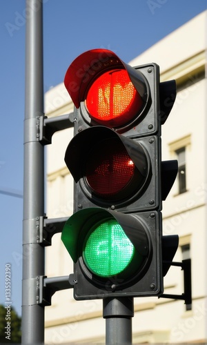 Traffic Light Showing Red and Green Signals Against Building
