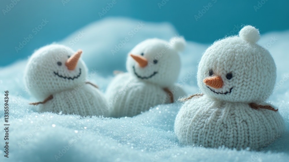 Obraz premium Close-up of little knitted snowmen resting on soft snow with a blue background, creating a charming, wintry, and festive vibe