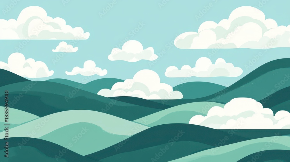Serene Rolling Hills Landscape with Fluffy White Clouds and Pastel Green Mountains Serene Rolling Hills Landscape with Fluffy White Clouds and Pastel Green Mountains