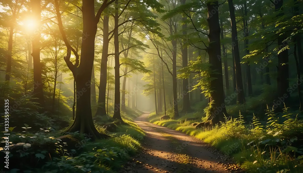Obraz premium Sun-Dappled Forest Path Serenity 7288
